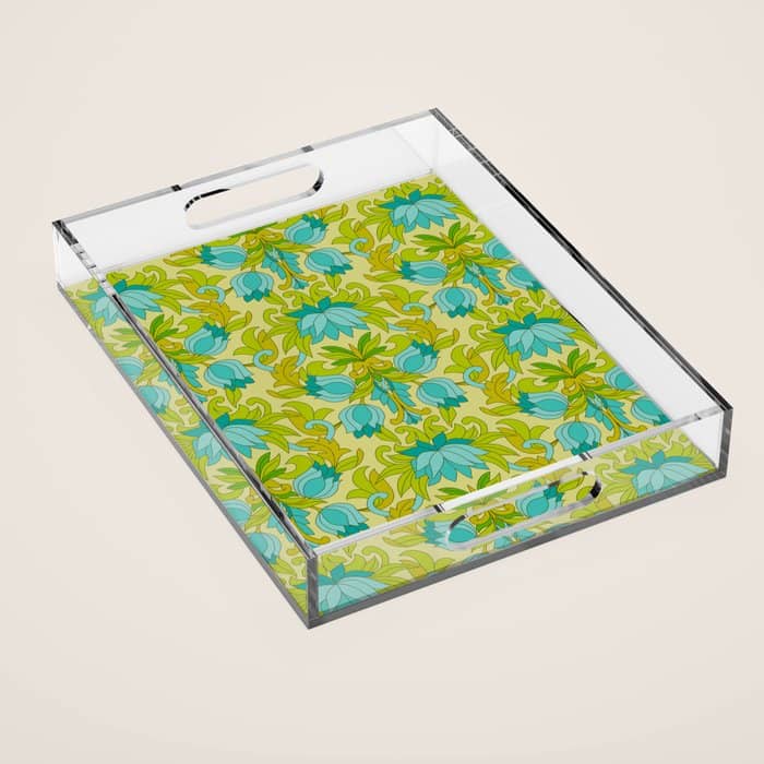 Turquoise And Green Leaves 1960s Retro Vintage Pattern Acrylic Tray