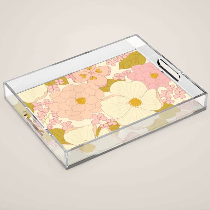 Pink Pastel Vintage Floral Pattern Acrylic Tray