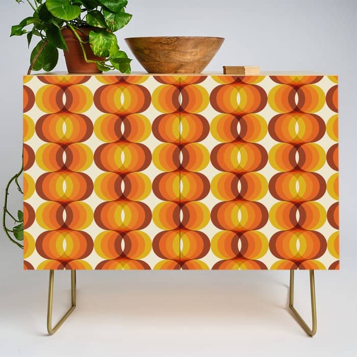 Orange, Brown, And Ivory Retro 1960s Wavy Pattern Credenza