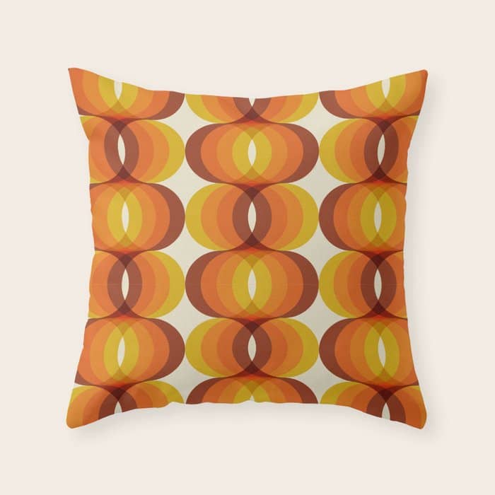 Orange, Brown, And Ivory Retro 1960s Wavy Pattern Throw Pillow