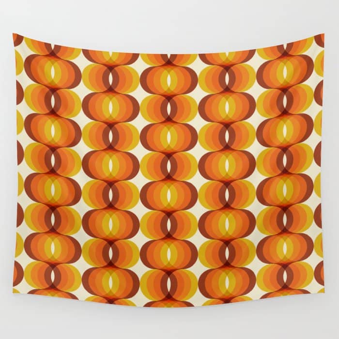 Orange, Brown, And Ivory Retro 1960s Wavy Pattern Wall Tapestry
