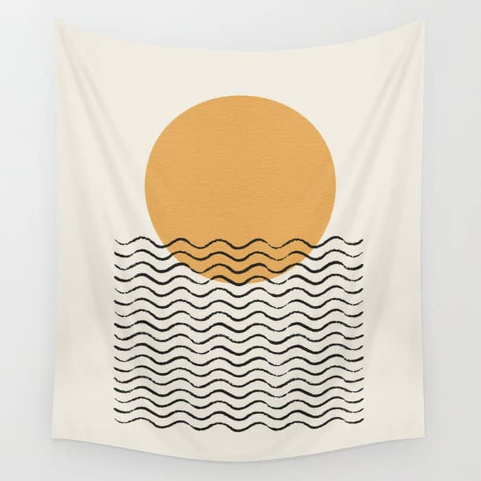 Ocean Wave Gold Sunrise - Mid Century Style Wall Tapestry