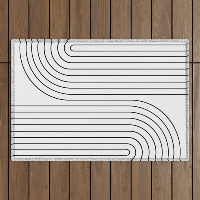 Minimal Line Curvature I Black And White Mid Century Modern Arch Abstract Outdoor Rug