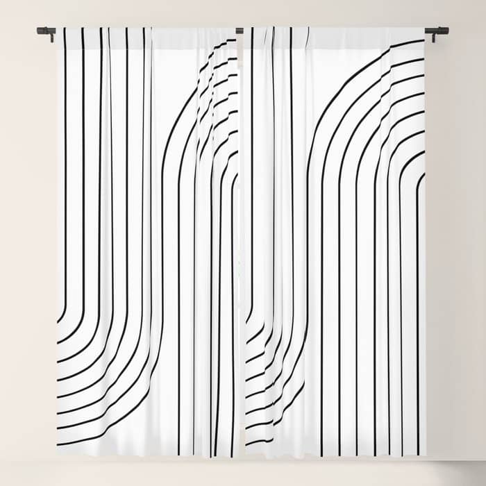 Minimal Line Curvature I Black And White Mid Century Modern Arch Abstract Window Curtain