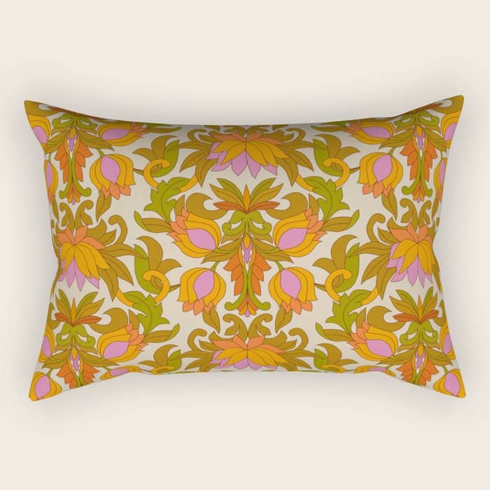 Orange, Pink Flowers And Green Leaves 1960s Retro Vintage Pattern Rectangular Pillow