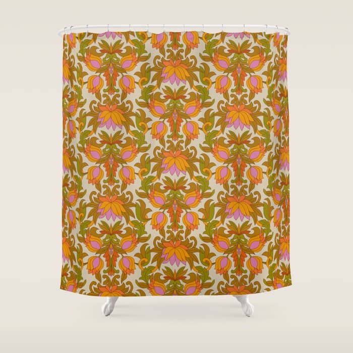 Orange, Pink Flowers And Green Leaves 1960s Retro Vintage Pattern Shower Curtain