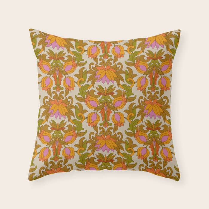 Orange, Pink Flowers And Green Leaves 1960s Retro Vintage Pattern Throw Pillow
