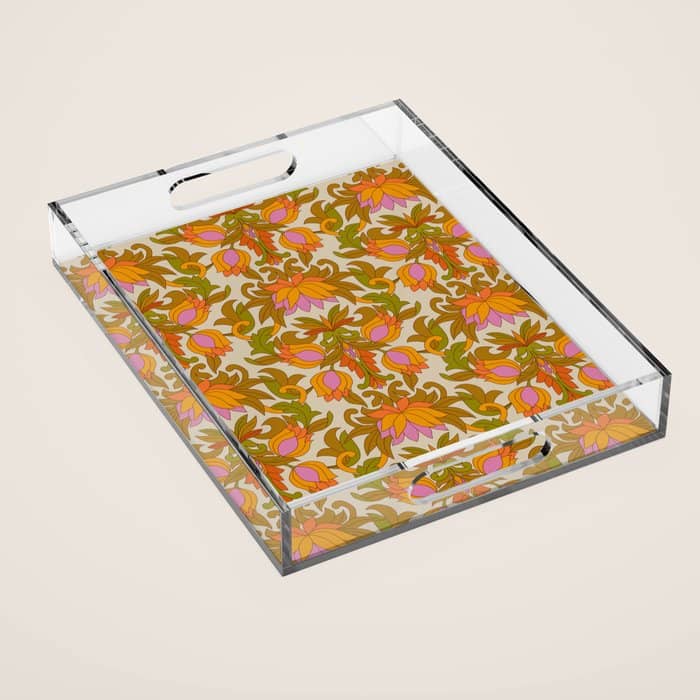 Orange, Pink Flowers And Green Leaves 1960s Retro Vintage Pattern Acrylic Tray