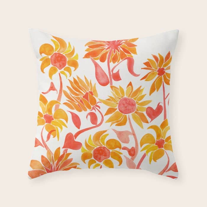 Sunflower Watercolor - Fiery Palette Throw Pillow