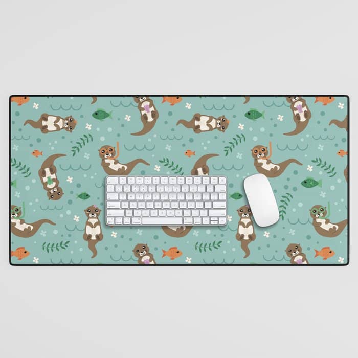 Kawaii Otters Playing Underwater Desk Mat