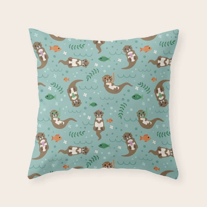 Kawaii Otters Playing Underwater Throw Pillow
