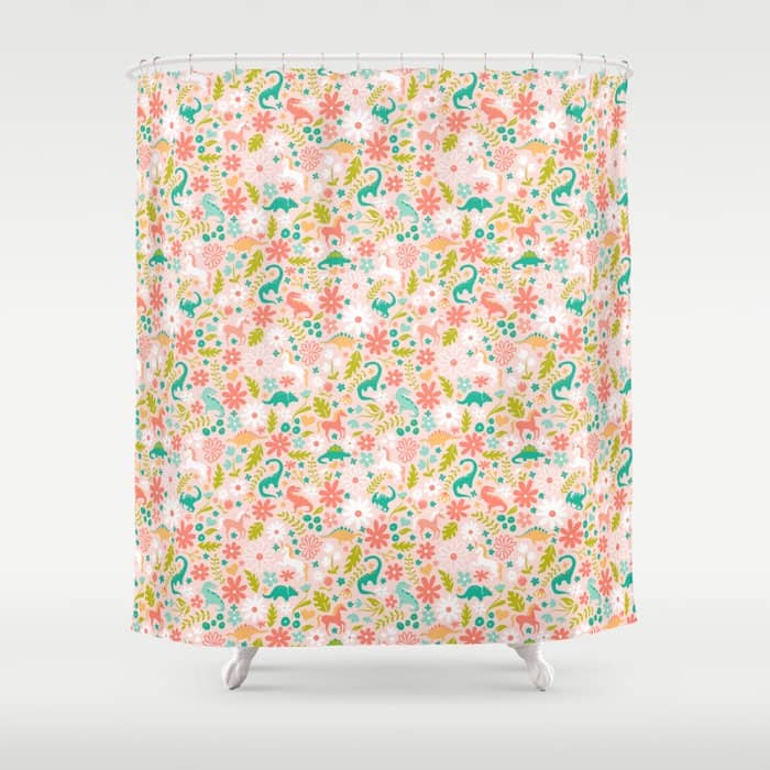 Dinosaurs + Unicorns In Pink + Teal Shower Curtain