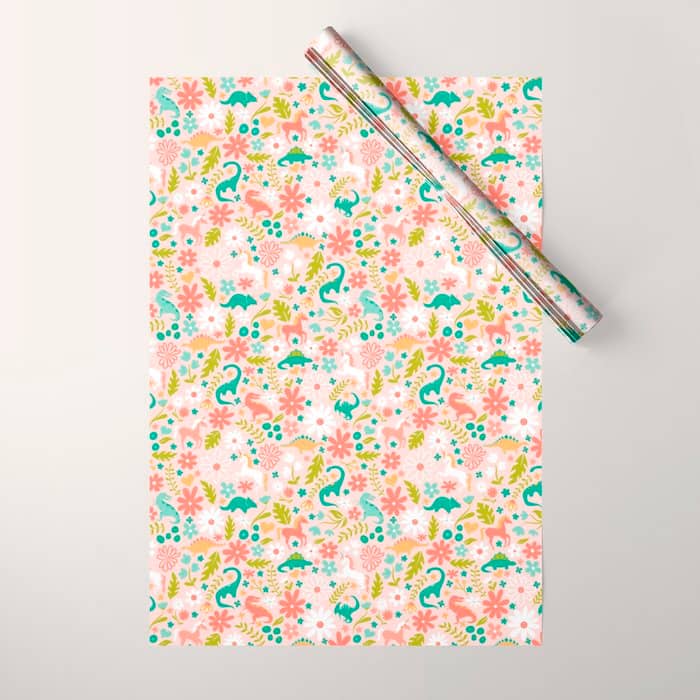 Dinosaurs + Unicorns In Pink + Teal Wrapping Paper