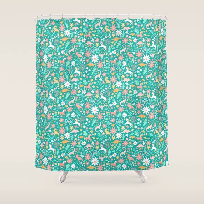 Dinosaurs + Unicorns On Teal Shower Curtain