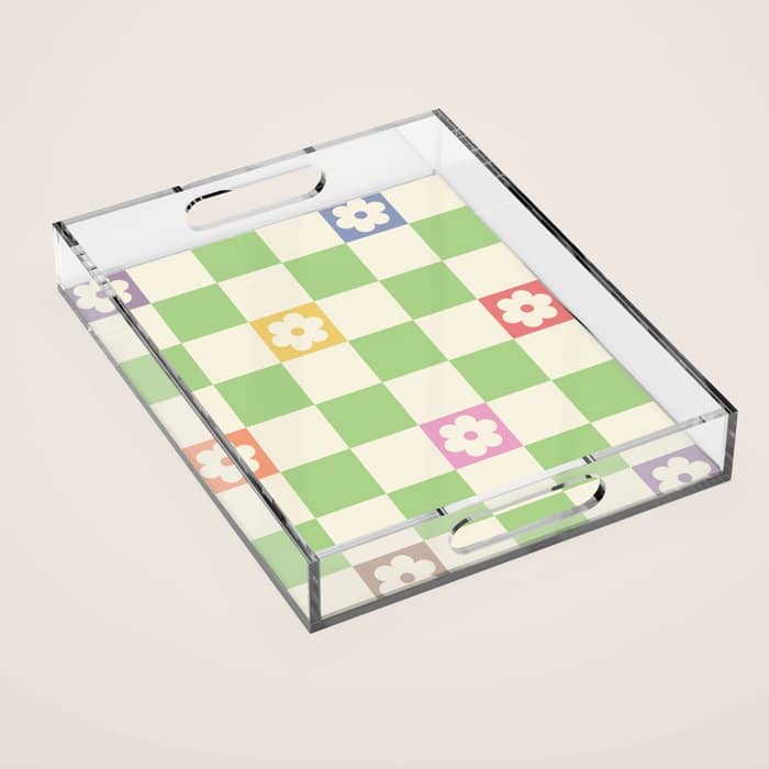 Colorful Flowers Green Check  Acrylic Tray