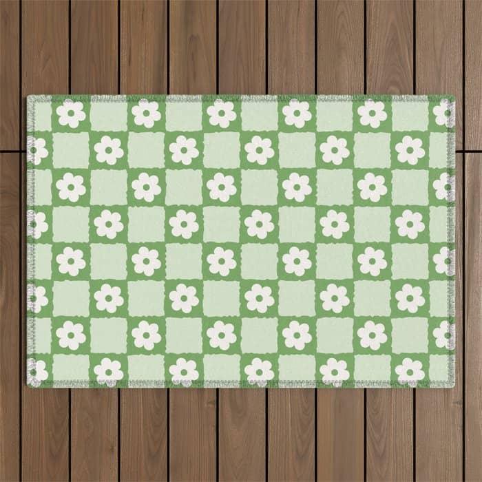 Retro Flower Checker In Forest Green Outdoor Rug