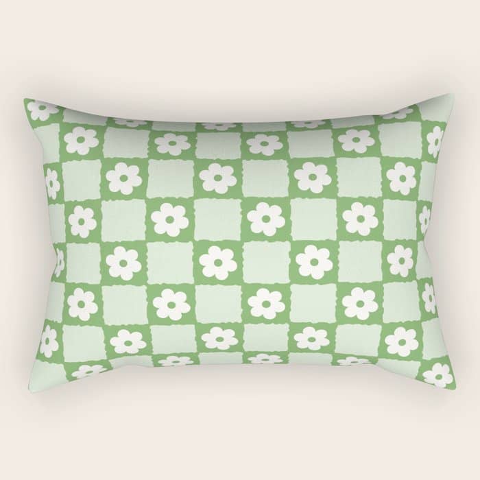Retro Flower Checker In Forest Green Rectangular Pillow