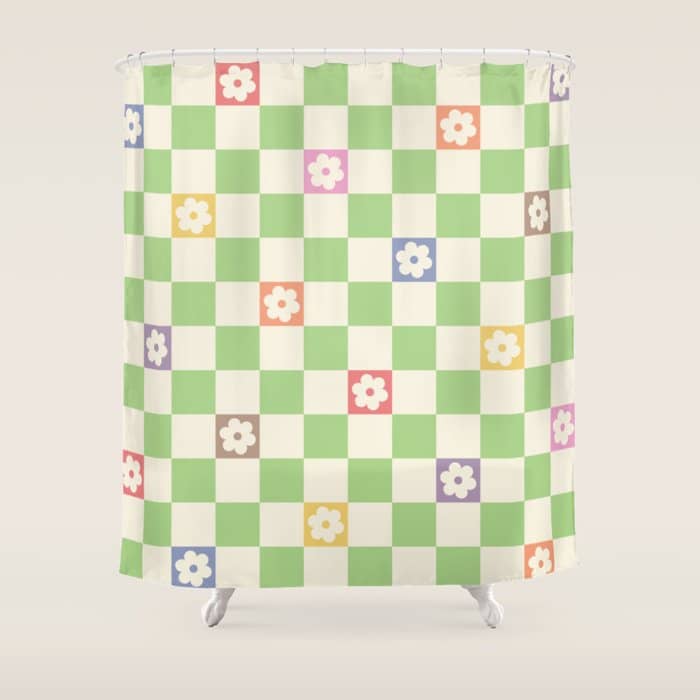 Colorful Flowers Green Check  Shower Curtain