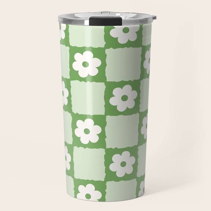 Retro Flower Checker In Forest Green Travel Mug