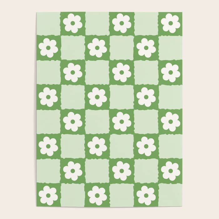 Retro Flower Checker In Forest Green Poster