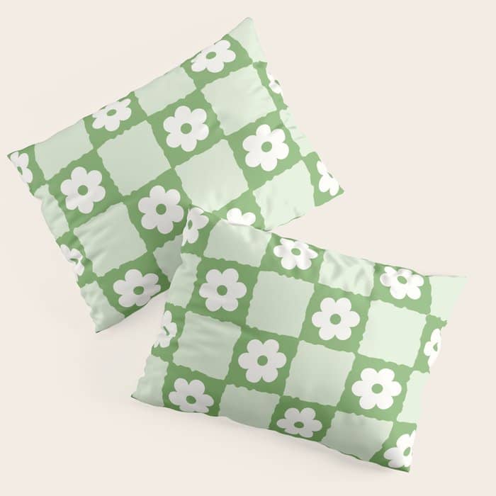 Retro Flower Checker In Forest Green Pillow Sham