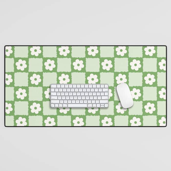 Retro Flower Checker In Forest Green Desk Mat