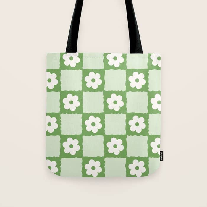 Retro Flower Checker In Forest Green Tote Bag