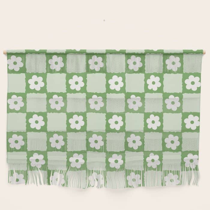 Retro Flower Checker In Forest Green Wall Hanging