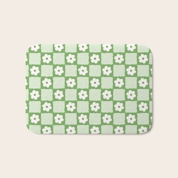 Retro Flower Checker In Forest Green Bath Mat