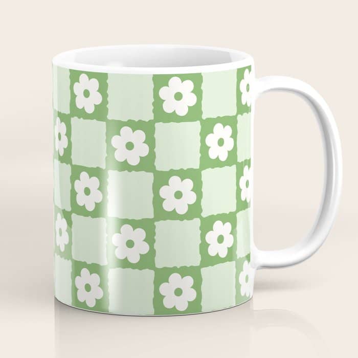 Retro Flower Checker In Forest Green Coffee Mug