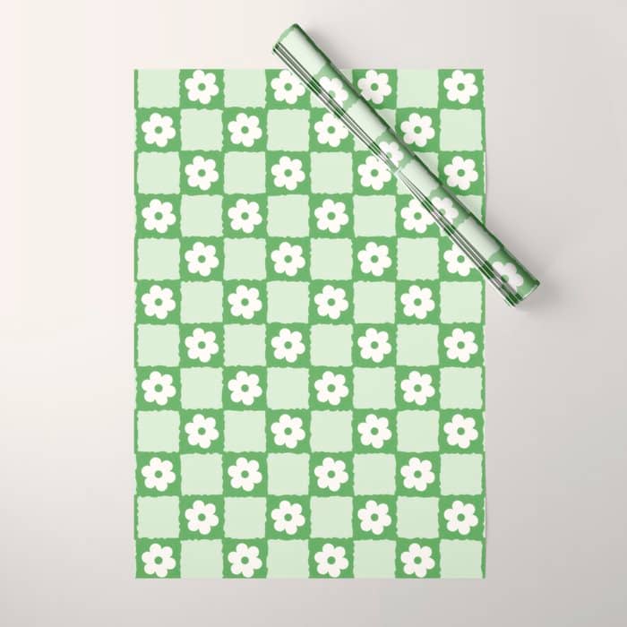 Retro Flower Checker In Forest Green Wrapping Paper