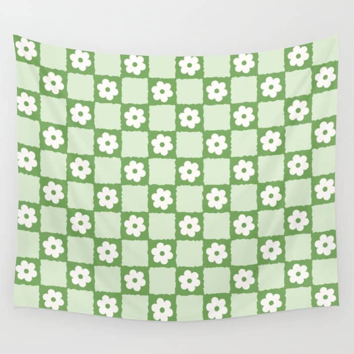 Retro Flower Checker In Forest Green Wall Tapestry