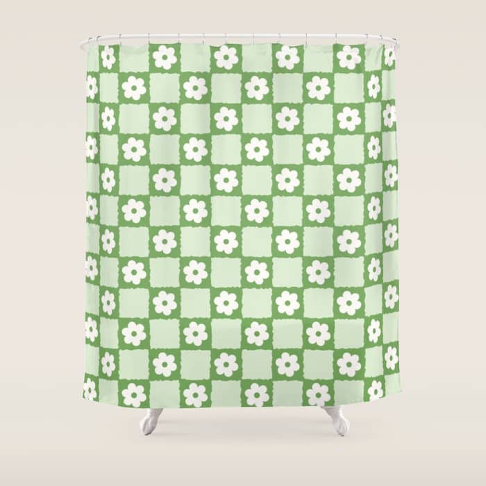 Retro Flower Checker In Forest Green Shower Curtain