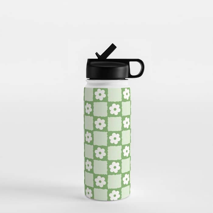 Retro Flower Checker In Forest Green Water Bottle