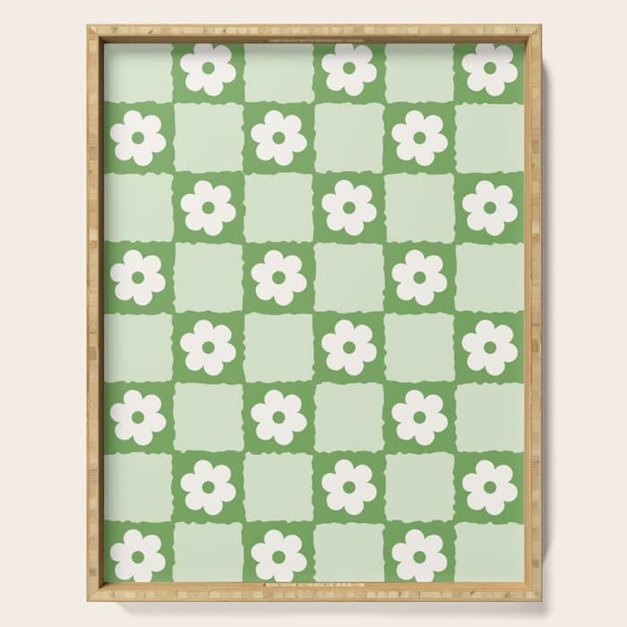 Retro Flower Checker In Forest Green Serving Tray
