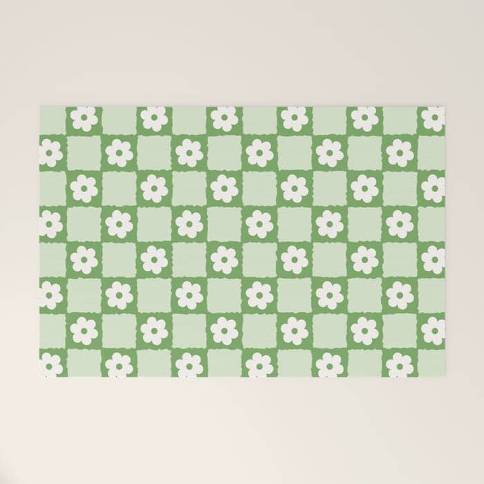Retro Flower Checker In Forest Green Welcome Mat