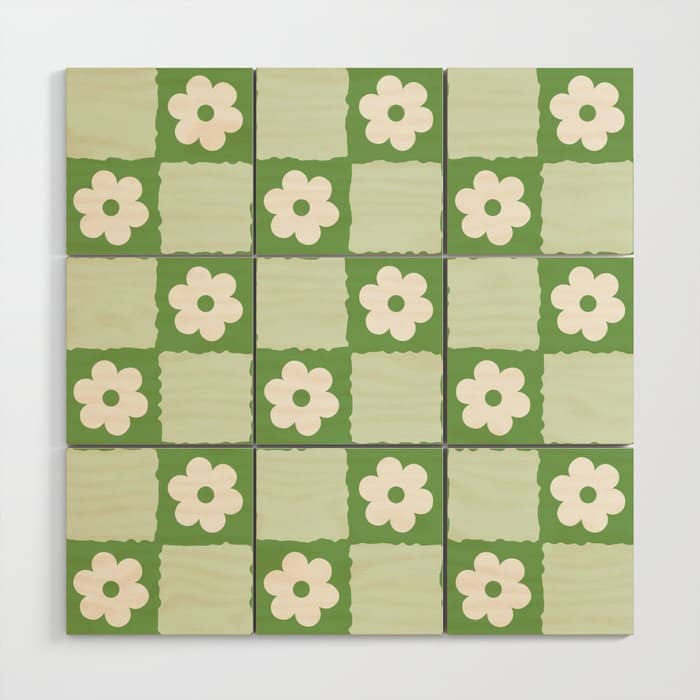 Retro Flower Checker In Forest Green Wood Wall Art
