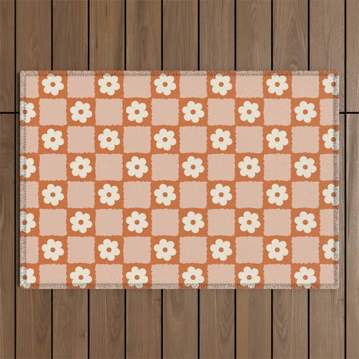 Flower Checker In Burnt Orange  Outdoor Rug