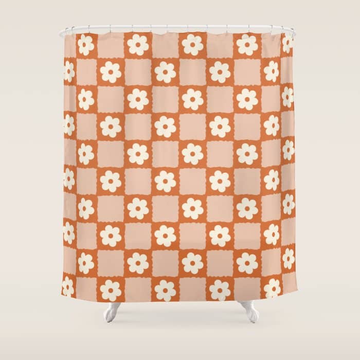 Flower Checker In Burnt Orange  Shower Curtain