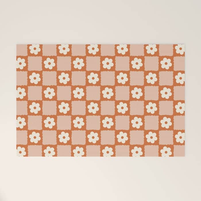 Flower Checker In Burnt Orange  Welcome Mat