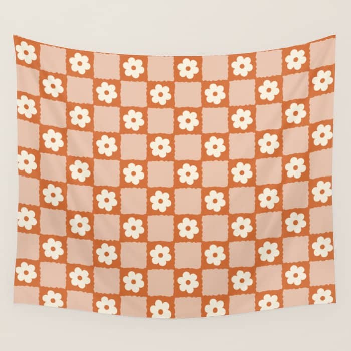 Flower Checker In Burnt Orange  Wall Tapestry