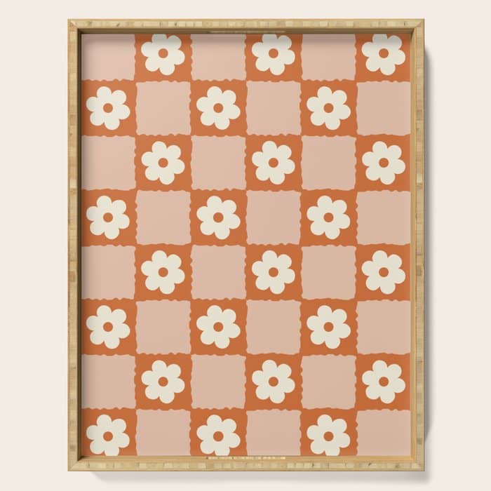 Flower Checker In Burnt Orange  Serving Tray