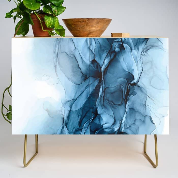 Deep Blue Flowing Water Abstract Painting Credenza