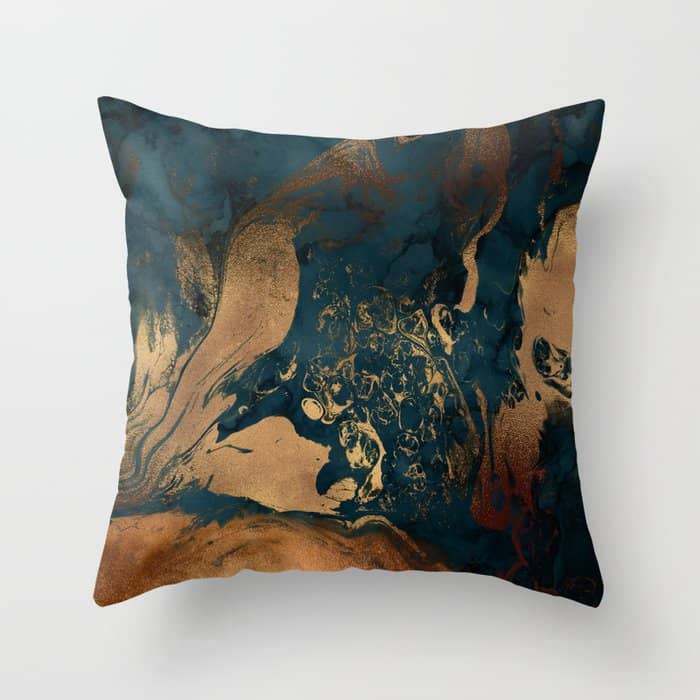 Emerald Indigo And Copper Glamour Marble Throw Pillow
