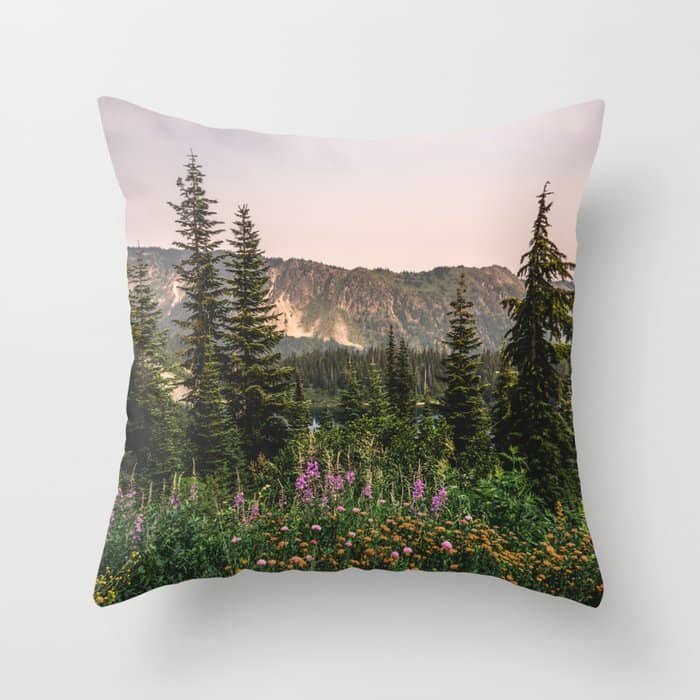 Mount Rainier Wildflower Adventure - National Park Wanderlust Throw Pillow
