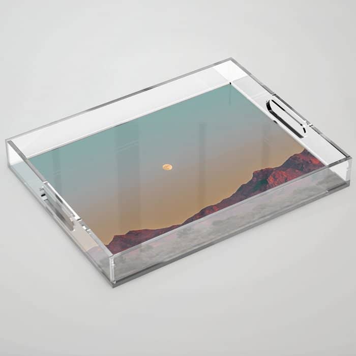 Sunset Moon Ridge // Grainy Red Mountain Range Desert Landscape Photography Yellow Fullmoon Blue Sky Acrylic Tray
