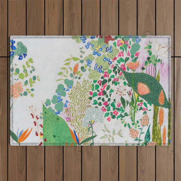 Painterly Floral Jungle On Pink And White Outdoor Rug