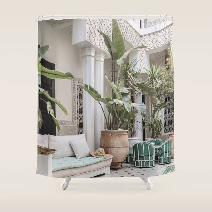 Moroccan Riad In Marrakech Photo | Arabic Interior Design Art Print | Green Tropical Travel Photography Shower Curtain