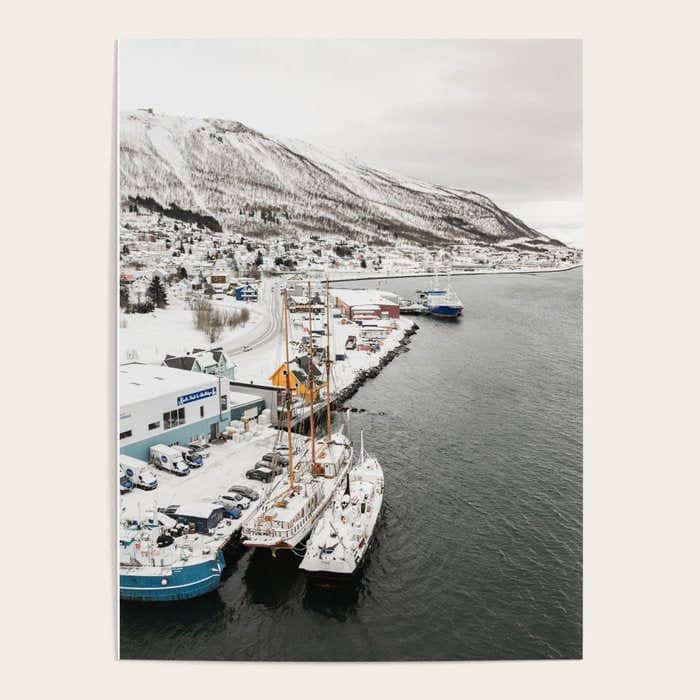 Harbor In Norway Snow Photo | Winter In Norway Boats And Mountains Art Print | Travel Photography Poster