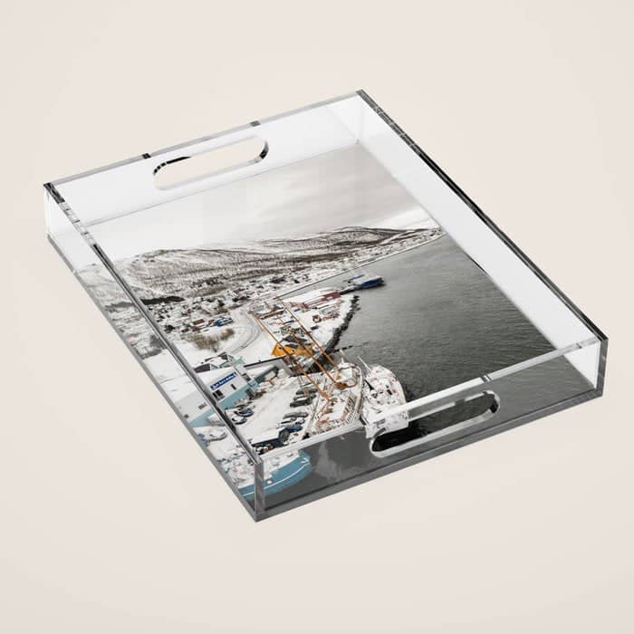 Harbor In Norway Snow Photo | Winter In Norway Boats And Mountains Art Print | Travel Photography Acrylic Tray